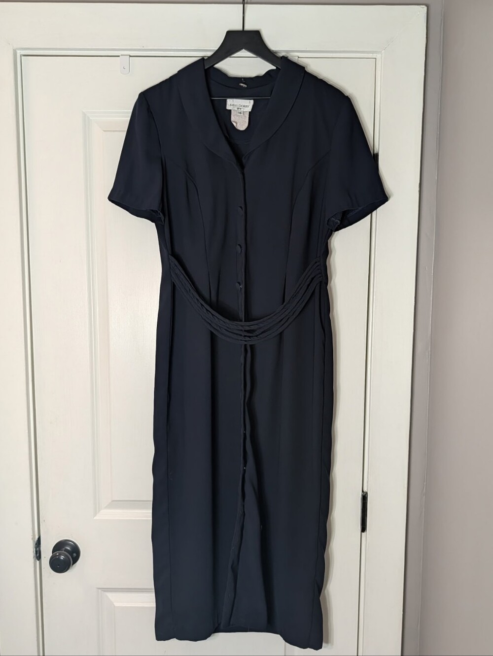 Vintage Black Short-Sleeve Midi Dress with Draped Waist